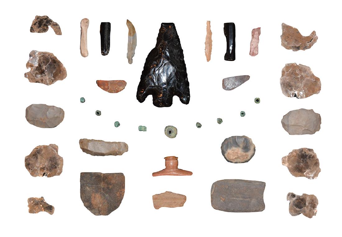 34 Piece Group of Ohio Site Material.: 34 Piece Group of Ohio Site Material. Old Obsidian Spear is 5". Frame contains Mica, Beads, Etc.. Pipe may be a later addition to the frame. Age of Pipe uncertain