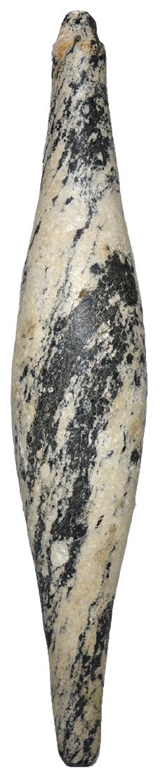 6 3/4" Charmstone. Tulare Lake, CA. Dickey COA.: 6 3/4" Charmstone. Tulare Lake, CA. Spindle style with nipple top. Striking black and white hardstone. G10. Ex-Jim Osmon, Connie Hudson. Dickey COA