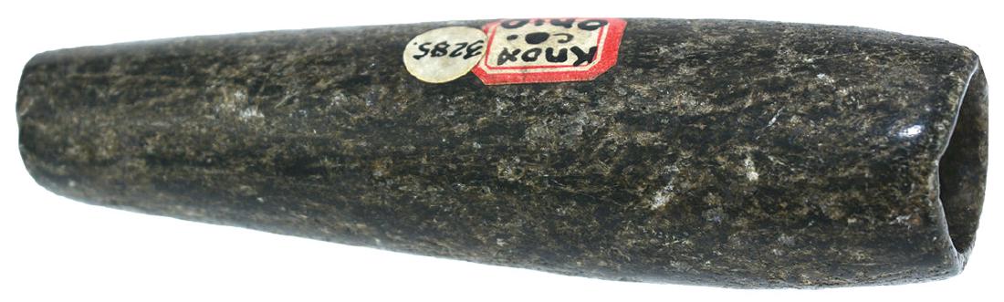 3 5/8" Block End Tube Pipe. OH. Ex-Vanderver, Ben: 3 5/8" Block End Tube Pipe. Knox Co, OH. Polished green Steatite. Nice. Ex-Brandon Vanderver, Ben Thompson (has Ben's tag #3285)