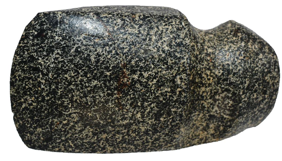 3 7/8" 3/4 Groove Axe. Lee Co, IA. Ex-Steve Elwood.: 3 7/8" 3/4 Groove Axe. Lee Co, IA. Finely made and finely polished Granite with white Phenocrysts. Ex-Steve Elwood, David DeTar Newbert, Roy Motley. Motley COA. 6/12/18: Added copy of COA