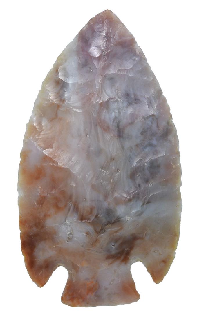 4 1/8" Late Hopewell Point. Perino COA. Ross Co, OH.: 4 1/8" Late Hopewell Point. Ross Co, OH. Colorful Flintridge. Good patina. Ex-Matt Roos, Bob Converse, Edward Lutz Collections. Putty and Perino COAs