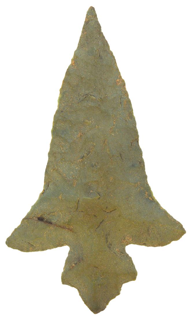 2 1/16" Hayes. AR. Green Kiamichi Chert. Highly: 2 1/16" Hayes. AR. Green Kiamichi Chert. Highly developed, broad example. G10. Ex-John Brooks. Featured on the front cover of the auction catalog