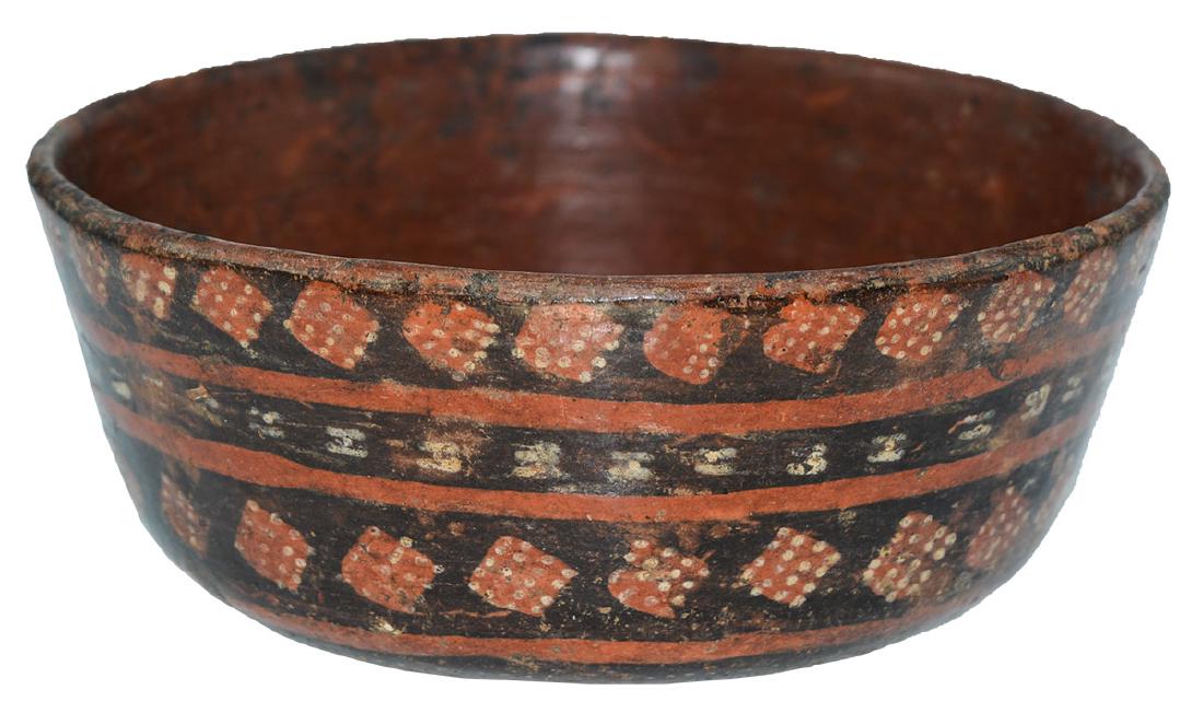 6 3/4" Tiwanaku Bowl. Bolivia. Pre-Columbian. Very: 6 3/4" Tiwanaku Bowl. Bolivia. Pre-Columbian. Very well made with intricate paint design around edge. Redware interior. Very nice