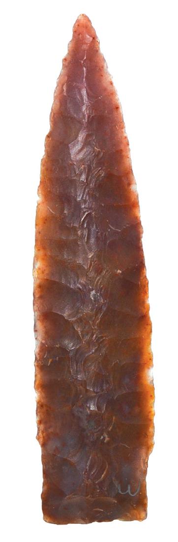 3" Eden. Taos Co, NM. Perino COA. Well made, G10.: 3" Eden. Taos Co, NM. Well made, G10. Ex-Capt. Tom Miller. Greg notes as a form of Alibates. We believe the point to be made of a dark Amber Agate similar to Knife River Flint. Perino COA