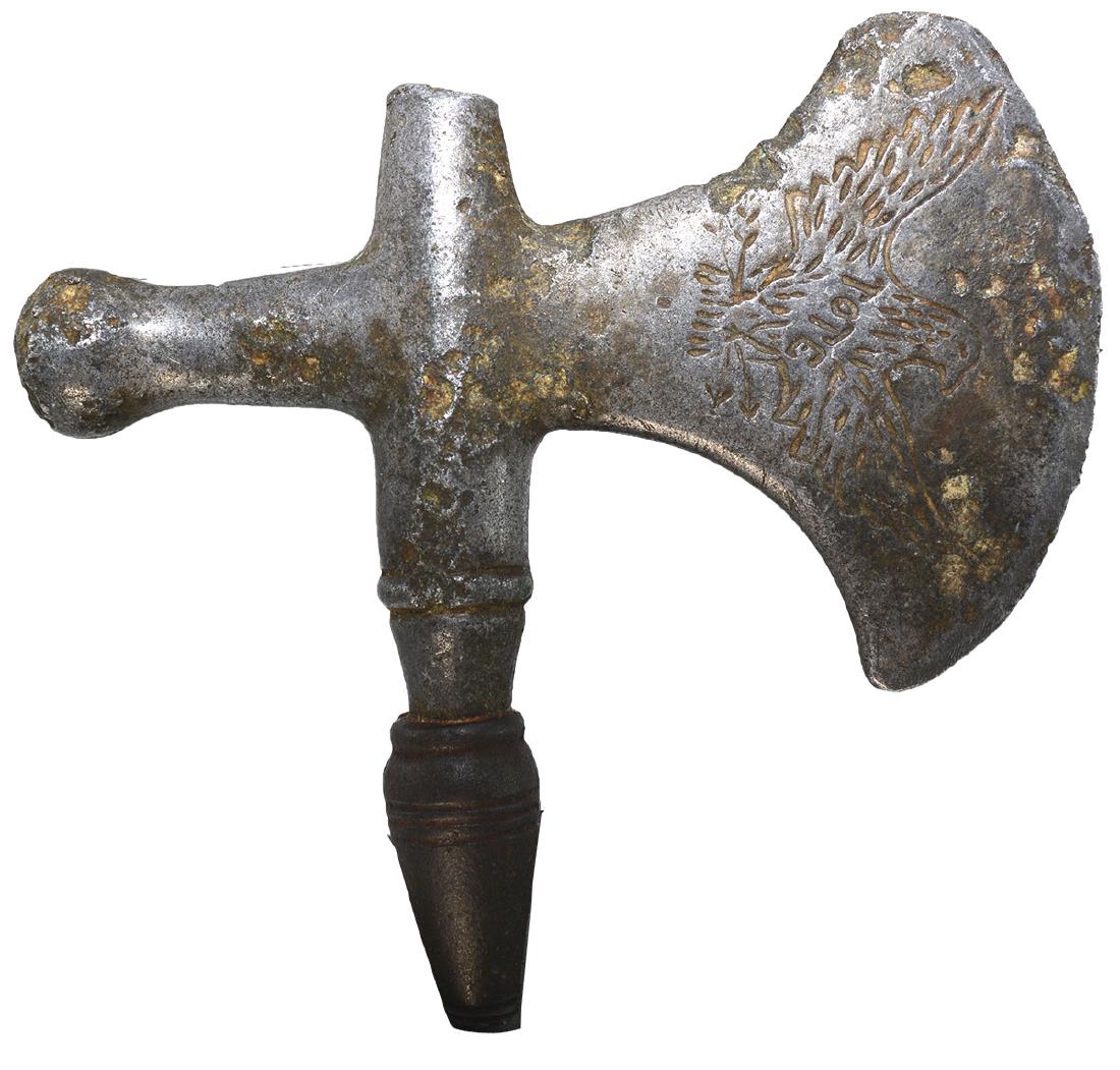 5 1/2" Axe Head.  Pewter-like metal with emblem and the (1 of 3)