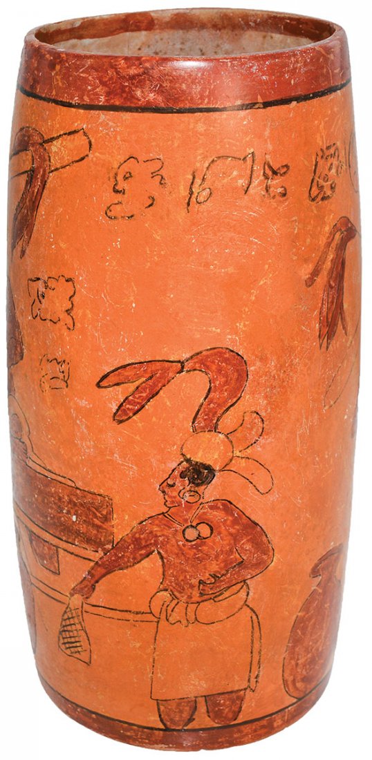 8" H. Mayan Cylinder. Maya Late Classic Period.