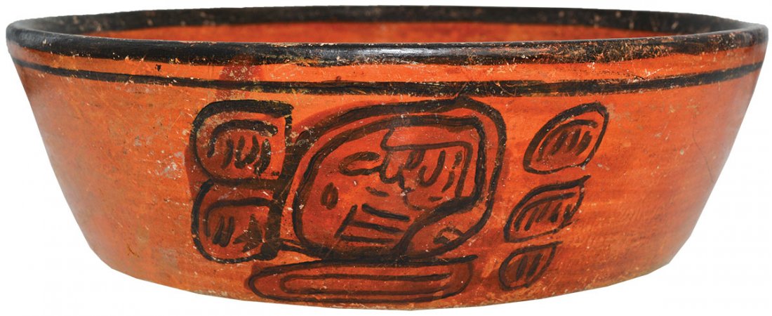 9" D. Mayan Painted Bowl. Some weathering on inside of: 9" D. Mayan Painted Bowl. Some weathering on inside of bowl, but vivid and ample paint on exterior sides (with glyph-like decoration. Solid. Pre-Columbian. Ex-Jim Meador, Mlodoch Ancient Art