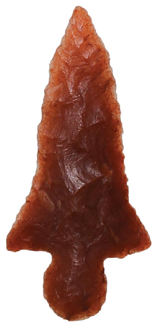 1 1/2" Agee. Crenshaw Site. Miller Co, AR. Ex- Joe: 1 1/2" Agee. Crenshaw Site. Miller Co, AR. Vivid Red Novaculite. Fine example. Ex-Dave Harvey, Sam Johnson, Kent Westbrook, Joe Shurtleff