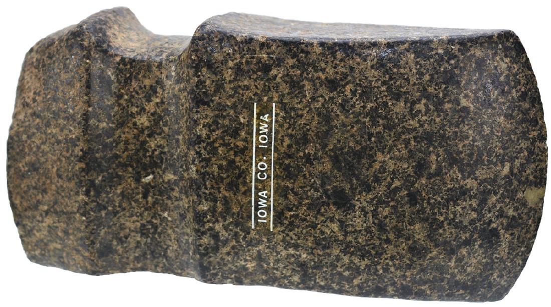 5 1/4" 3/4 Groove Axe. Very nice. Ex-Dave Harvey,: 5 1/4" 3/4 Groove Axe. Iowa Co, IA. Well defined with flared bit and precise features. Polished, colorful Granite. Very nice. Ex-Dave Harvey, Paul Kline, William Schultz collections