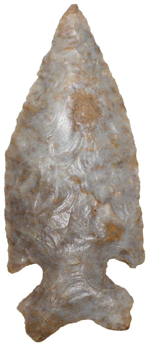 2 13/16" Graham Cave. Des Moines Co, IA. Ex-Dennis: 2 13/16" Graham Cave. Des Moines Co, IA. Thin, glossy gray chert. Ex-Dennis DeRosear