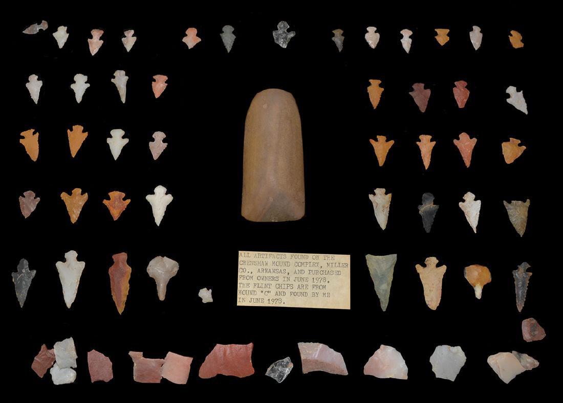 Frame of 46 Caddo Points and  Celt from Crenshaw Mound (1 of 2)