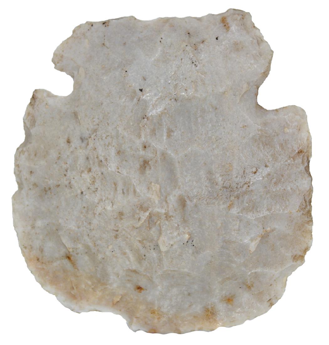 5 3/4" Kaolin Notched Hoe. St. Louis Co, MO. Found at: 5 3/4" Kaolin Notched Hoe. St. Louis Co, MO. Found at the Big Mound Site before 1869. Nice use polish on bit. Ex-Dale Roberts, Frank Morast (#1970-23). Found by Mr. Stout. Rare offering