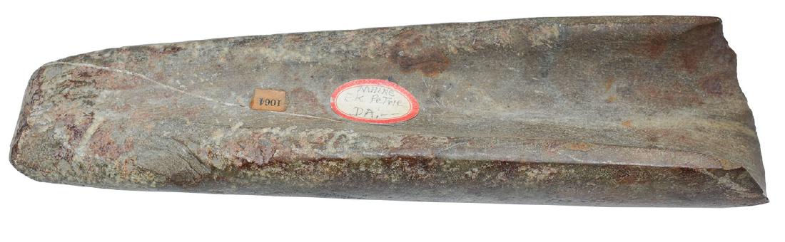8 15/16" Gouge. Maine. Ex-Dale Roberts, Judge Ed Payne: 8 15/16" Gouge. Maine. Deeply scooped, very good condition. Finely made. Ex-Dale Roberts, E.K. Petrie, Judge Edward Payne. Petrie drilled a 3/16" hole in back of artifact to hand it on the wall. Excel
