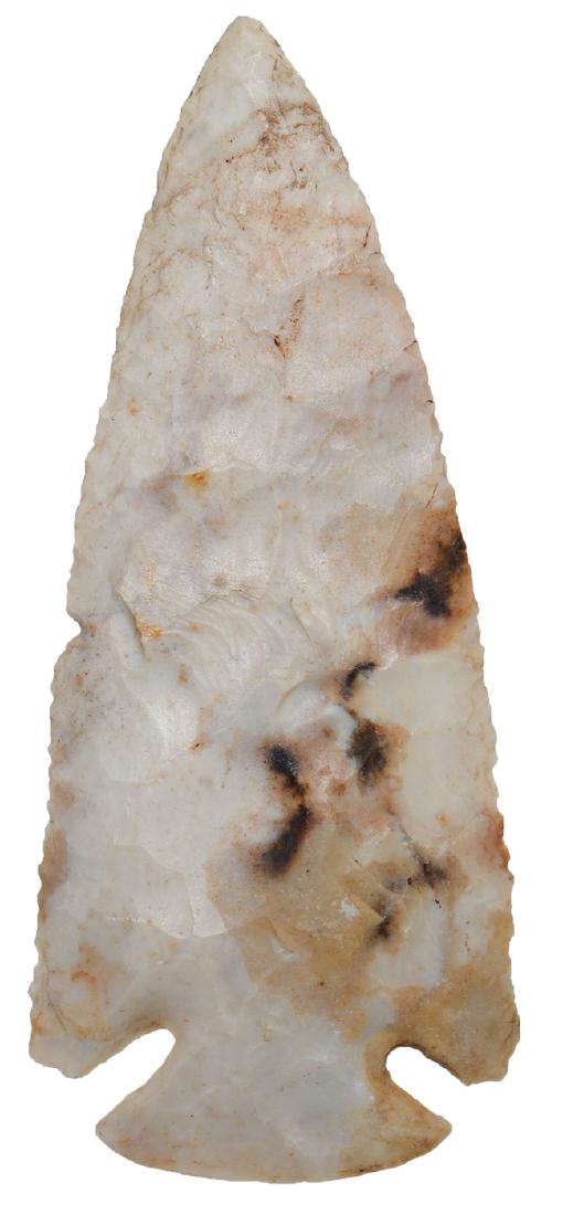 3 15/16" Dovetail. Rogers COA. Howard Co, MO. Glossy: 3 15/16" Dovetail. Howard Co, MO. Glossy white chert with colorful inclusions. Ex-Kyle Lawson. Rogers COA