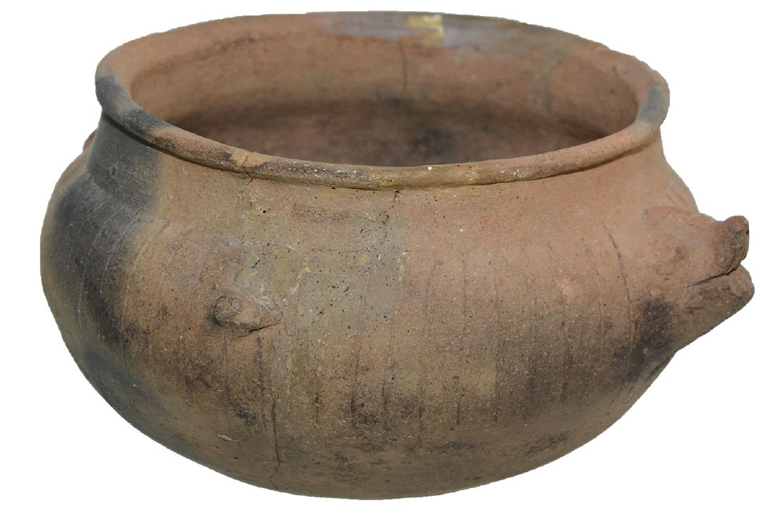 8" D. Bear Head Effigy Bowl. Rare. Ex-Thomas Browner: 8" D. Bear Head Effigy Bowl. Fine Mississippian Effigy found in Cross Co, AR. Some large sections glued, but very little filler. Original head. Vertical lines engraved around bowl. Rare. Ex-Thomas Bro