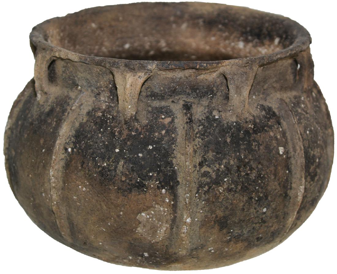 5" D. Mississippian Applique Bowl . Pictured.: 5" D. Mississippian Applique Bowl with strap handle (8) decorated rim. Appears solid, without repair. Cross Co, AR. Pictured in WW#11, p188. Ex-Kevin Farmer