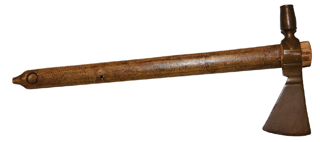 15" Pipe Tomahawk. Old example, circa 1830. Ex-Joe: 15" Pipe Tomahawk. Old example believed to date Blackfoot Wars period, circa 1830. Handle appears original (or very old) with good use patina. Head is loose on handle. Ex-Joe Kinker, J.C. Grindell