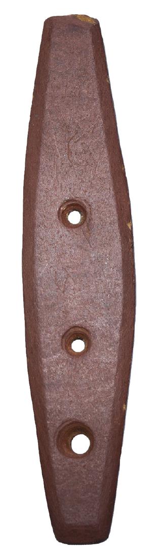 5 3/4" 3 Hole Gorget. KY. Red Slate. Ex-Ken Black: 5 3/4" 3 Hole Gorget. Bracken Co, KY. Red Slate. Interesting piece once in the Ken Black Collection