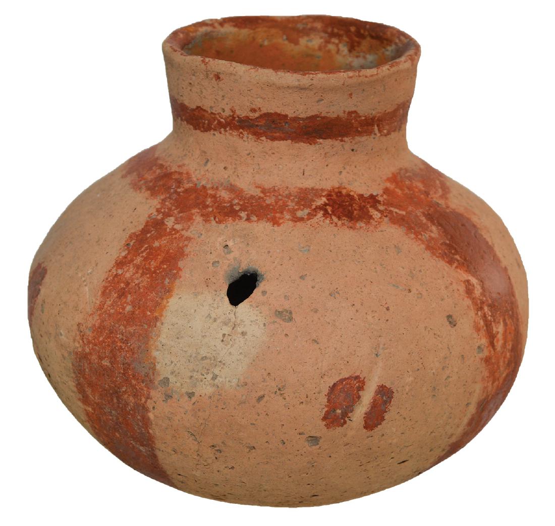 5 3/4" H. x 6 1/2" D. Red and Buff Waterbottle.: 5 3/4" H. x 6 1/2" D. Red and Buff Waterbottle. Poinsett Co, AR. Very good condition. Hole repair, original paint. Ex-Kevin Farmer