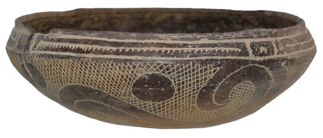 7 3/8" Engraved Shallow Bowl. Completely engraved: 7 3/8" Engraved Shallow Bowl. Hot Springs, AR. Completely engraved on bottom. Very good condition. Section glued, pressure cracking. Super display. Ex-Kevin Farmer