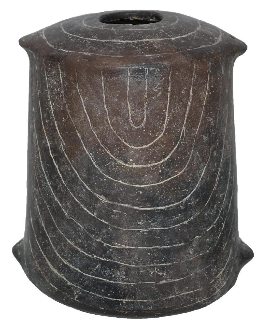 7 7/8" Engraved Seed Jar. Highly developed with dome: 7 7/8" Engraved Seed Jar. Clark Co, AR. Highly developed with dome top and suspension loops at bottom. Finely engraved. Restored, Glued with seams filled. Ex-Jack Bonds