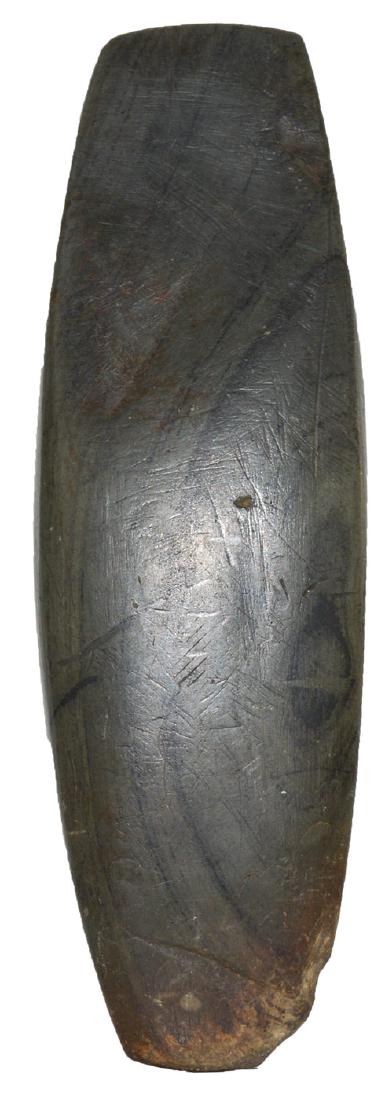 4 3/4" Slate Expanded Center Gorget (Undrilled).: 4 3/4" Slate Expanded Center Gorget (Undrilled). Mason Co, KY. Thin, Hopewell style. Flake off back