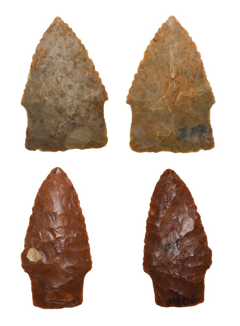2 Texas Scottsbluffs. Rogers & Dickey COAs. Well made: 2 Texas Scottsbluffs (1 15/16" & 2 1/16"). Ex-George Snellings III. Larger has minor (Jerry notes 1/16") tip restoration. Rogers & Dickey COAs
