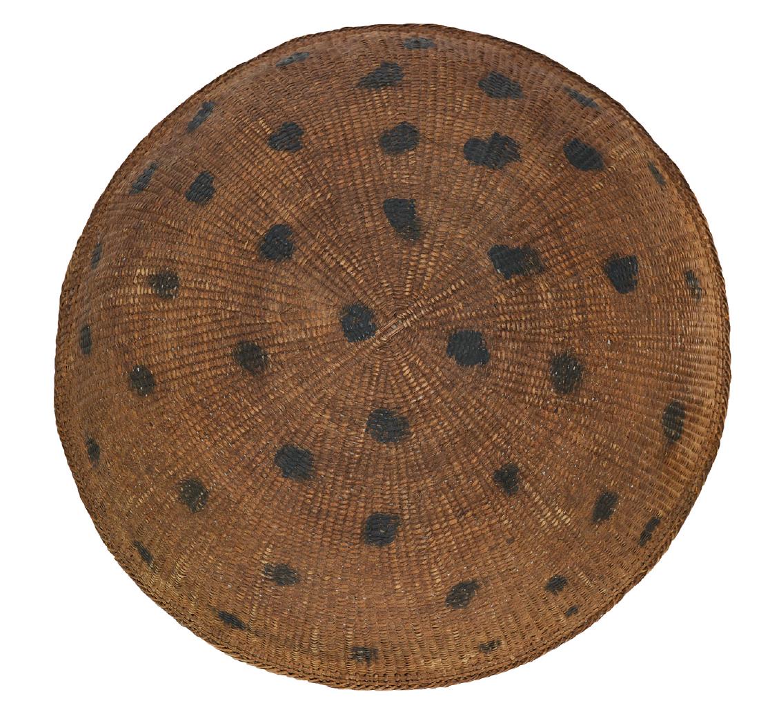 16 1/2" D. Woshoe Woven Reed Basket. Early, 1920's: 16 1/2" D. Woshoe Woven Reed Basket. Early, 1920's. Decorated with brown dots. Fine condition. Native American. Ex-Rick Stevens