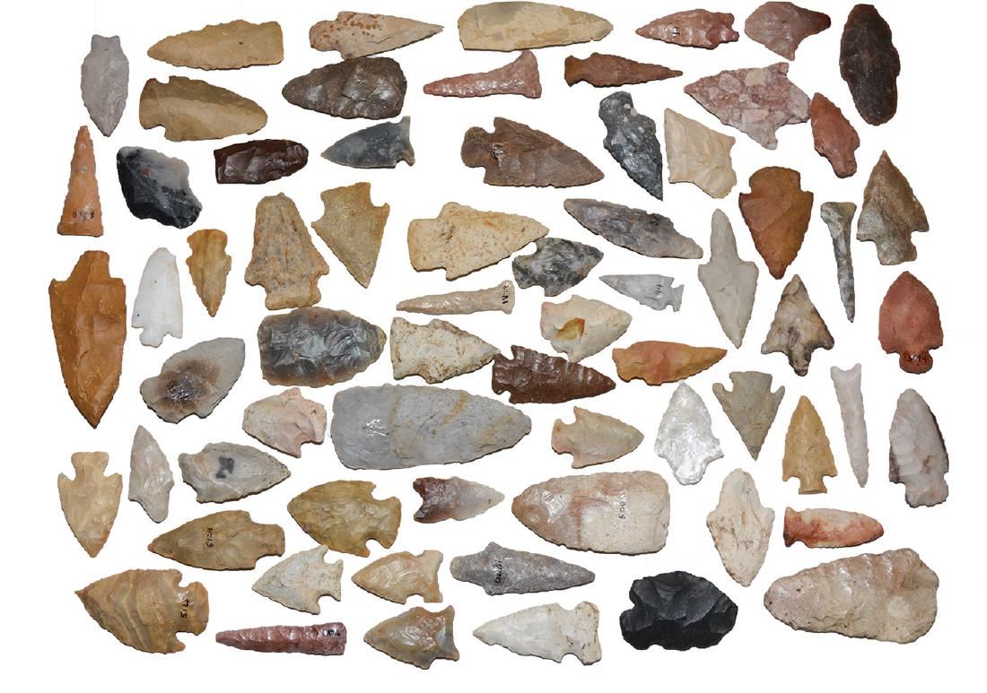 Group of 69 Nice Flint Points. Mostly nice whole: Group of 69 Nice Flint Points. 1 1/2"-3 1/2". IL/AR/MO. Mostly nice whole points. Ready made collection. Ex-Rick Stevens