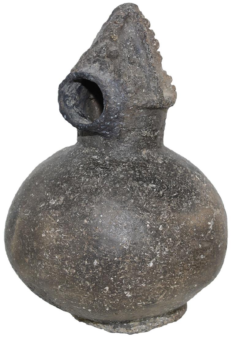 7 3/4" H. Hooded Corngod Effigy Bottle. Ex-Kevin: 7 3/4" H. Hooded Corngod Effigy Bottle. Miss. Co, AR. Solid with elaborate decoration. Solid. Ex-Kevin Farmer, Byron Knoblock
