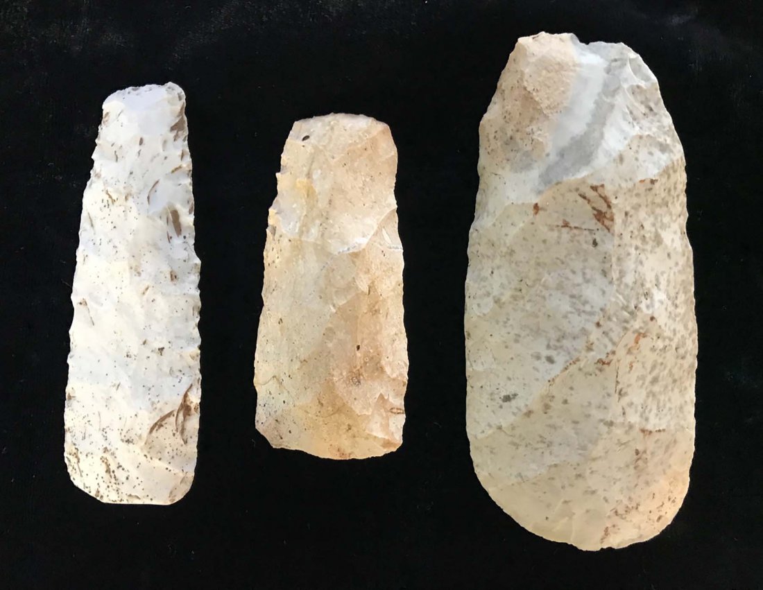 3 Flint Celts (3 1/4"-4 1/2"). Rush Co, IN. All fine: 3 Flint Celts (3 1/4"-4 1/2"). Rush Co, IN. All fine examples. Ex-Tom Davis