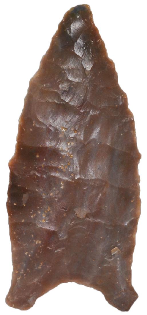 2 1/2" Quad. Grayson Co, KY. Davis G10 COA. Indian: 2 1/2" Quad. Grayson Co, KY. Thin, colorful Sonora Chert. Ex-Don Kinkade. Found by Nathan Kidwell around 1970. Pictured in 2005 #4 Indian Artifact Magazine (p39). Davis G10 COA
