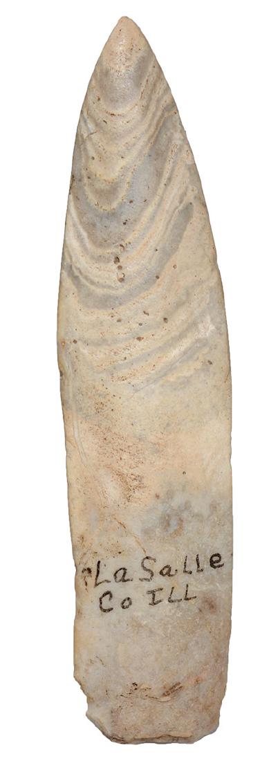 3 1/2" Polished Flint Lance. LaSalle Co, IL. Striped: 3 1/2" Polished Flint Lance. LaSalle Co, IL. Striped chert. Completely polished in prehistoric times. Ex-Larry Swann