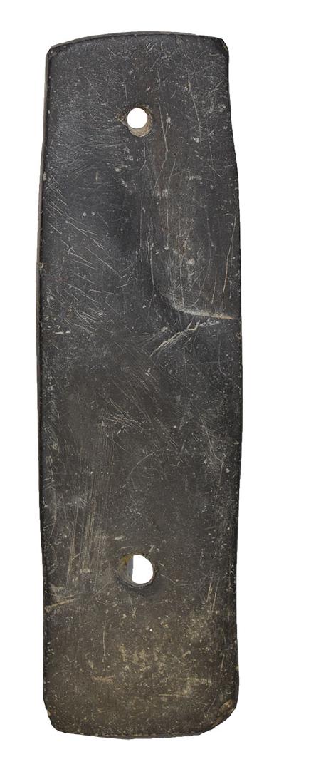 5 5/8" Hopewell Gorget. Trumbull Co, OH. Black Slate.: 5 5/8" Hopewell Gorget. Trumbull Co, OH. Black Slate. Ends contract before expanding. Ex-Richard Austin. FB Robert Zana. Bennett COA. Added note 3.29.19 - had light engraving