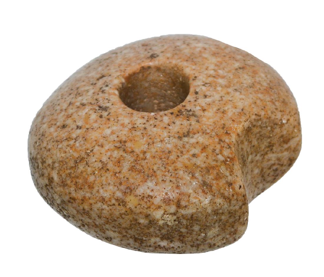 2 1/4" Hardstone Fluted Ball Bannerstone. Ex-Roger: 2 1/4" Hardstone Fluted Ball Bannerstone. Monroe Co, OH. Excellent condition. Thin, ~1" thick. Sold at Roger Mayne's 1977 auction. Pictured in Ornamental and Ceremonial Artifacts (Hothem, p23)