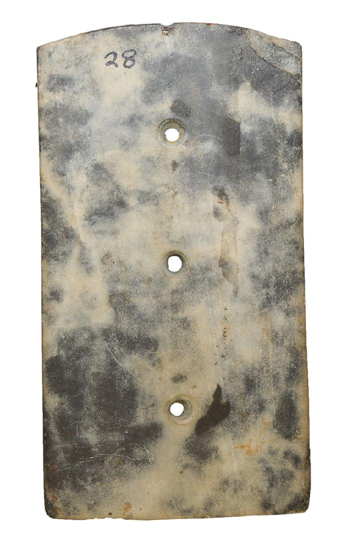 3 1/2" Three Hole Gorget. Dickey G8+ COA. Wayne Co,: 3 1/2" Three Hole Gorget. Wayne Co, IL. Thin, nicely shaped. Greenstone with light banding. Ex-Dick Austin. Dickey G8+ COA