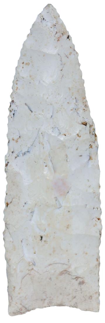 3 7/8" Holland. Rogers COA. Clay Co, AR. Very fine: 3 7/8" Holland. Clay Co, AR. Very fine edgework. Glossy white chert. G10. Ex-Jim Bennett. Rogers COA