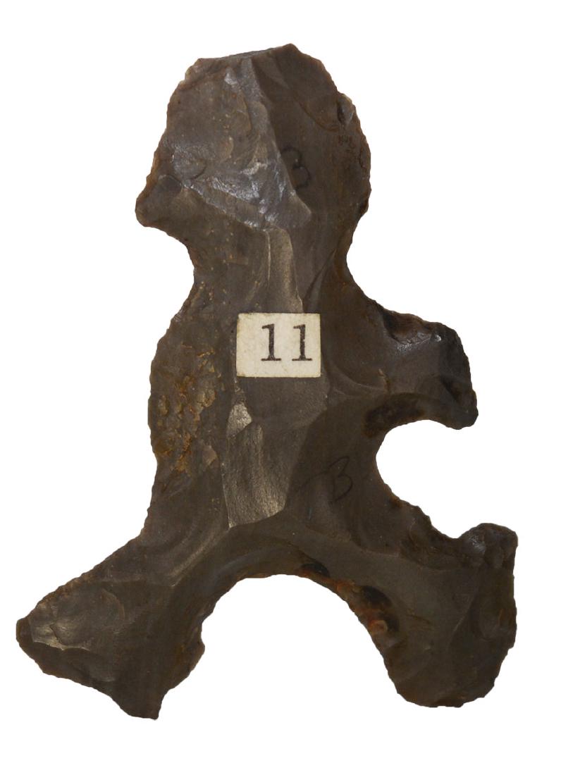 1 7/8" "Walking Man" Flint Effigy. Dickey G8 COA.: 1 7/8" "Walking Man" Flint Effigy. Spencer Co, IN. Rare depiction. Hornstone. One arm may be missing . Ex-Tommy Bryden. Found by Oral Small. Dickey G8 COA