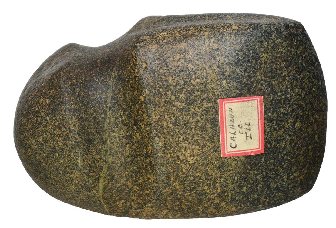 4 7/16" 3/4 Groove Axe. Found by Dick Morgan in 1963.: 4 7/16" 3/4 Groove Axe. Calhoun Co, IL. Highly developed, fluted on top and bottom. Nicely polished. G10. Found by Dick Morgan in 1963