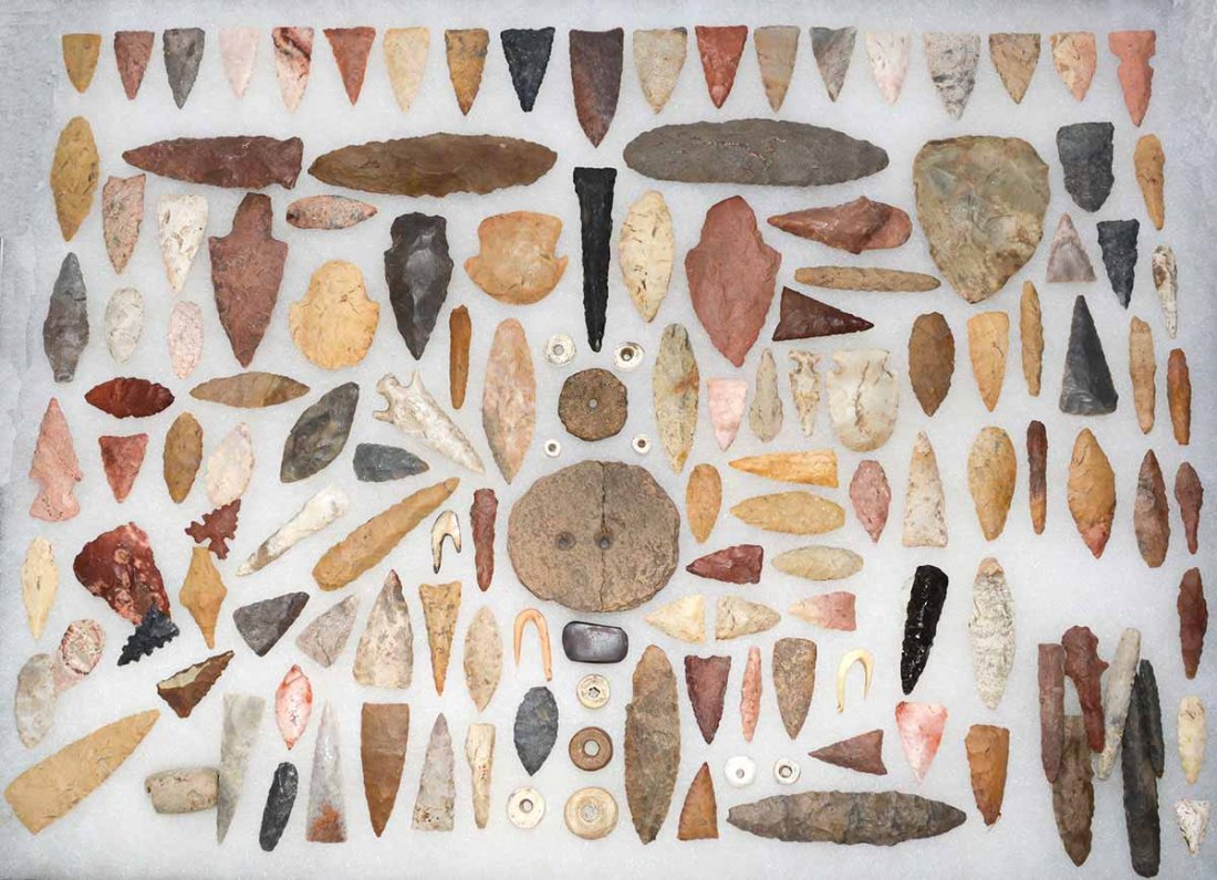 Frame of 143 (+/-) Birdpoints, Beads, Drills and more.: Frame of 143 (+/-) Birdpoints, Beads, Drills and more. 1"-3 3/8". Lifelong collection from Pemiscot Co, MO and MS Co, AR. Ex-Tommy Bryden, Tommy Jones. Some neat pieces in this group