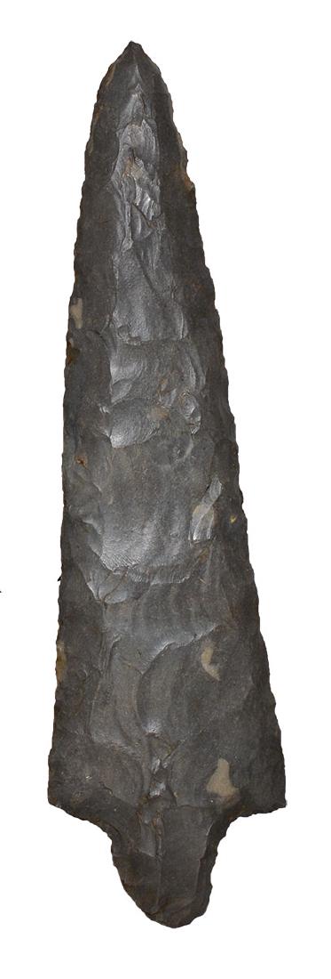 7 1/4" Adena Robbins. Gibson Co, IN (near Princeton).: 7 1/4" Adena Robbins. Gibson Co, IN (near Princeton). Large, very well made. Patinated Hornstone. Ex-Randall Kimbrell. Putty G9 COA