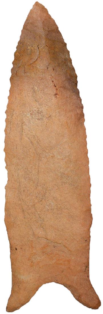 3 9/16" Fishtail Dalton. Pictured in Tully's book.: 3 9/16" Fishtail Dalton. Western KY (near Paducah). Yellow Jasper. Detailed edge flaking. Very nice. Pictured in Flint Blades and Projectile Points (Tully, p59)