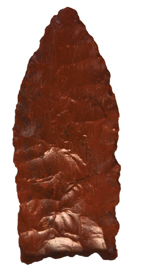 2 3/16" Milnesand. CO. Rogers COA. Glossy red: 2 3/16" Milnesand. CO. Glossy red Jasper. Fine parallel flaking. Very thin, well made. Rogers COA