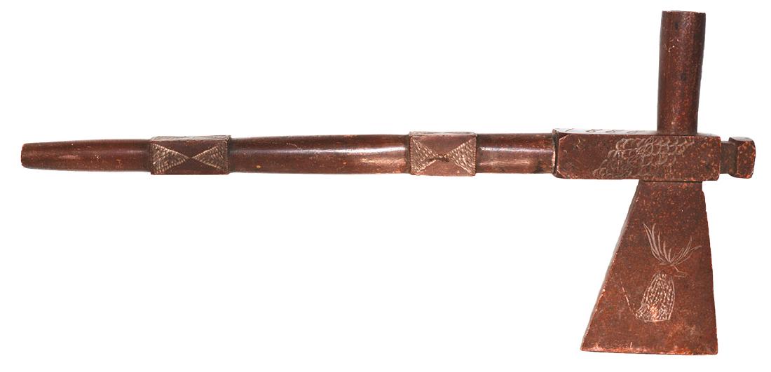 14 7/8" Historic Tomahawk Pipe. Catlinite. Ex-Dale: 14 7/8" Historic Tomahawk Pipe. Catlinite. An older example of type, engraved with 1888. Nicely decorated with engraved designs. Very fine condition. Ex-Dale and Betty Roberts. Acquired at the second 