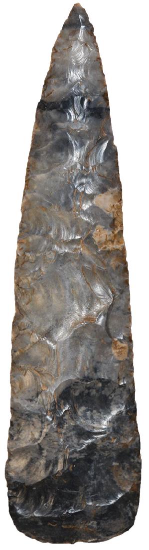 7 3/8" Stanfield. Clinton Co, OH. Davis G9 and Perino: 7 3/8" Stanfield. Clinton Co, OH. Glossy gray and blue Upper Mercer chert. A large and very well made blade. Ex-Gilbert Cooper, Tom Davis. Davis G9 and Perino COAs