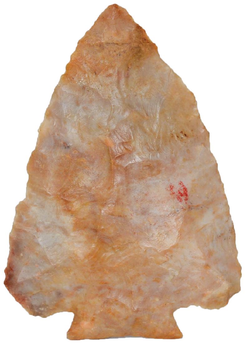 2 11/16" Decatur. Rogers COA. Harrison Co, KY. Boyle: 2 11/16" Decatur. Harrison Co, KY. Boyle Chert. Glossy patina. Very well made, first stage example. Rogers COA