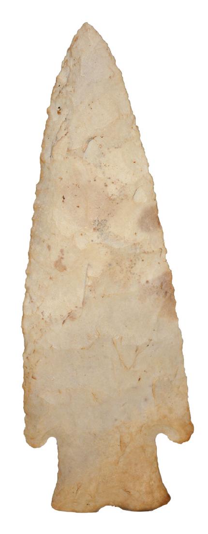 4 9/16" Hardin. Macon Co, MO. Partain and Perino: 4 9/16" Hardin. Macon Co, MO. Fine and sizable Hardin with nice flaking. Ex-Randall Kimbrell. Partain and Perino COAs. 5/7/19: Corrected length of artifact