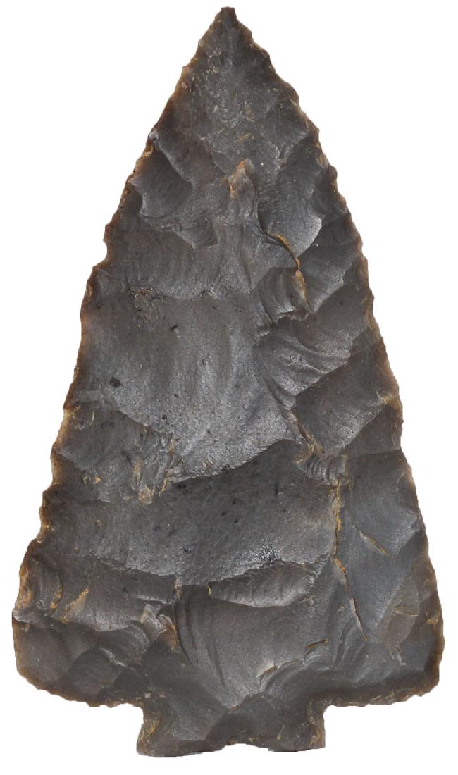 3" Hornstone Decatur. Pictured on the cover of: 3" Hornstone Decatur. Ohio. Broad example with slightly serrated edges. Ex-Gilbert Cooper, Mark Bach Collection. Pictured on the cover of Prehistoric Antiquities (February 2018). Jackson G8+ COA