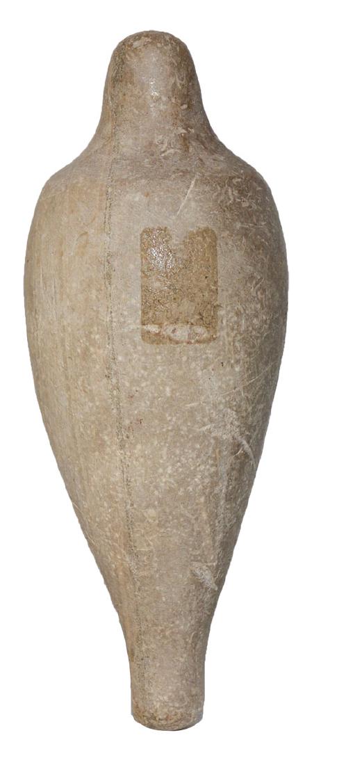 4 3/4" California Charmstone. Pictured in CHAPA I: 4 3/4" Charmstone. Tulare Co, CA. Finely made, excellent condition. Nicely polished. Ex-Gilbert Cooper, Connie Hudson. Pictured in CHAPA I (p27) and Who's Who #11 (p99)