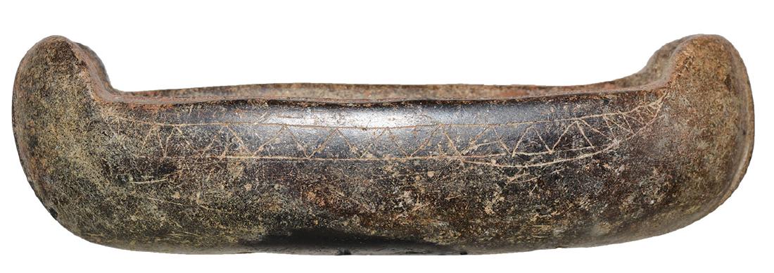 8" Chumash Canoe Effigy. Santa Barbara Co, CA. Ex-: 8" Chumash Canoe Effigy. Santa Barbara Co, CA. Late Prehistoric. Good condition, engraving on sides. Ex-Gordon Erspam, Byron Anderson. Jackson COA